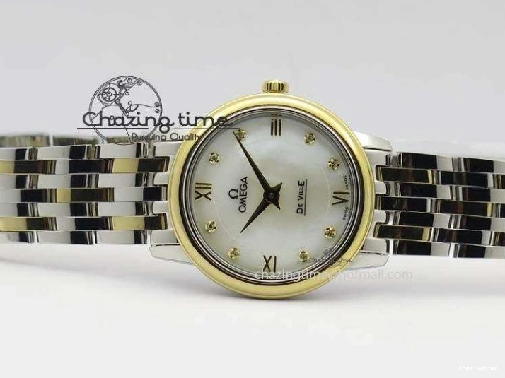 0503 OnTrend De Ville 27mm SS YG Ladies MK 1:1 Best Edition White MOP Dial Diamond Markers On SS Bracelet Ronda Quartz 8187